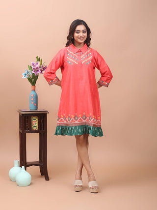 Coral Festive Breeze – Gujarati Embroidered Cotton-Silk Shirt Dress with Ikkat Frill