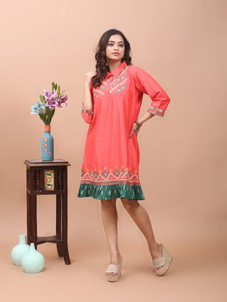 Coral Festive Breeze – Gujarati Embroidered Cotton-Silk Shirt Dress with Ikkat Frill