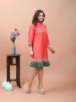 Coral Festive Breeze – Gujarati Embroidered Cotton-Silk Shirt Dress with Ikkat Frill