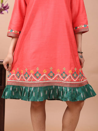 Coral Festive Breeze – Gujarati Embroidered Cotton-Silk Shirt Dress with Ikkat Frill