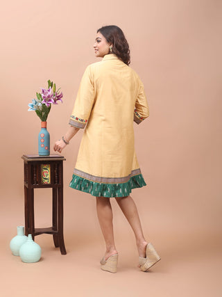 Butter Bloom – Gujarati Embroidered Cotton-Silk Shirt Dress with Ikkat Frill