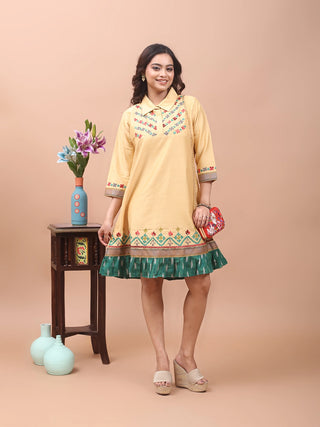 Butter Bloom – Gujarati Embroidered Cotton-Silk Shirt Dress with Ikkat Frill