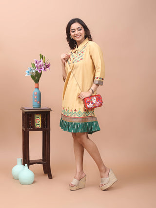 Butter Bloom – Gujarati Embroidered Cotton-Silk Shirt Dress with Ikkat Frill