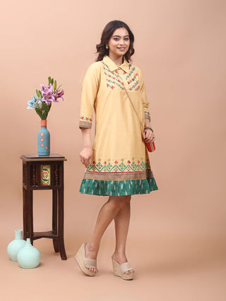 Butter Bloom – Gujarati Embroidered Cotton-Silk Shirt Dress with Ikkat Frill
