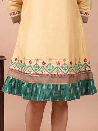 Butter Bloom – Gujarati Embroidered Cotton-Silk Shirt Dress with Ikkat Frill