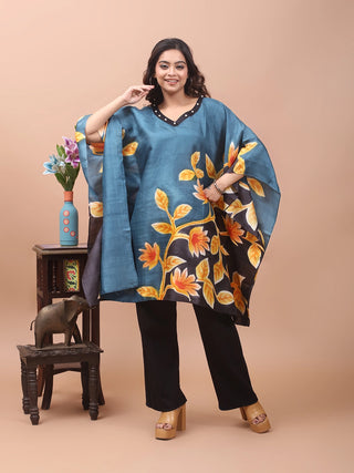 Twilight Leaf – Hand-Painted Pure Silk Kaftan