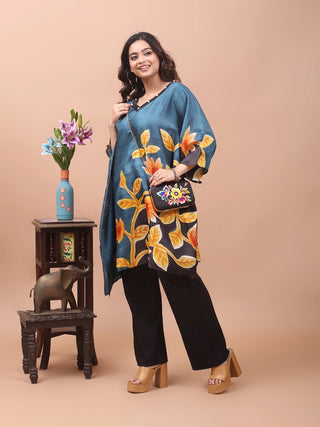 Twilight Leaf – Hand-Painted Pure Silk Kaftan
