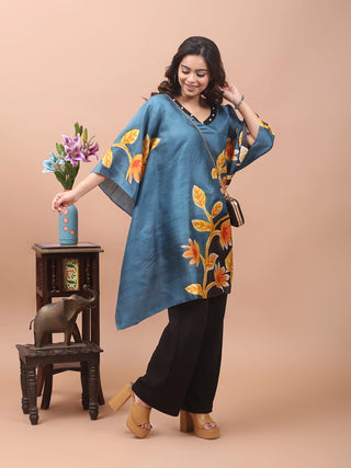 Twilight Leaf – Hand-Painted Pure Silk Kaftan