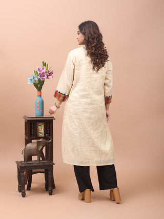 Light Beige Hand-Painted African Art Inspired Bhagalpur Viscose-Katan Silk Kurti