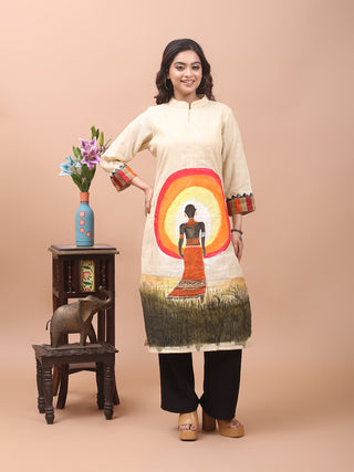 Light Beige Hand-Painted African Art Inspired Bhagalpur Viscose-Katan Silk Kurti
