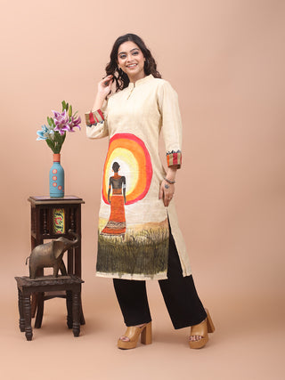 Light Beige Hand-Painted African Art Inspired Bhagalpur Viscose-Katan Silk Kurti