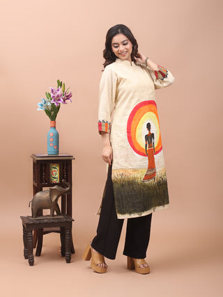 Light Beige Hand-Painted African Art Inspired Bhagalpur Viscose-Katan Silk Kurti
