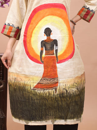 Light Beige Hand-Painted African Art Inspired Bhagalpur Viscose-Katan Silk Kurti