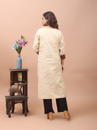 Light Beige Hand-Painted Tribal Landscape Bhagalpur Silk Kurti