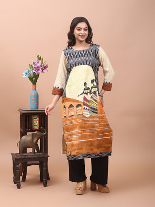 Light Beige Hand-Painted Tribal Landscape Bhagalpur Silk Kurti