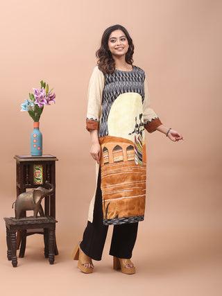 Light Beige Hand-Painted Tribal Landscape Bhagalpur Silk Kurti