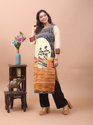 Light Beige Hand-Painted Tribal Landscape Bhagalpur Silk Kurti