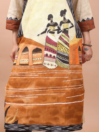 Light Beige Hand-Painted Tribal Landscape Bhagalpur Silk Kurti