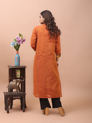 Rust Brown Mangalgiri Cotton Kurti with Folk Kantha Embroidery on Yoke