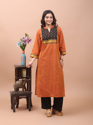 Rust Brown Mangalgiri Cotton Kurti with Folk Kantha Embroidery on Yoke
