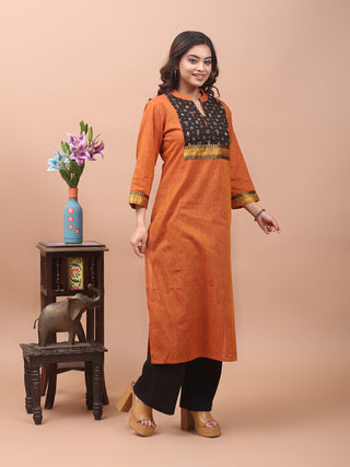 Rust Brown Mangalgiri Cotton Kurti with Folk Kantha Embroidery on Yoke