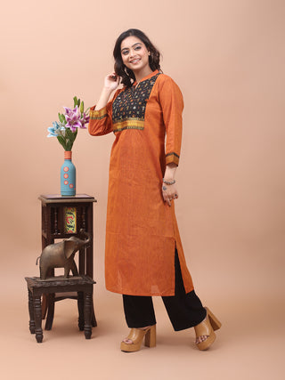 Rust Brown Mangalgiri Cotton Kurti with Folk Kantha Embroidery on Yoke