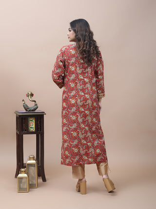 Rust Red Jaipur Cotton Kurti with Bagru Prints & Gujarati Embroidery