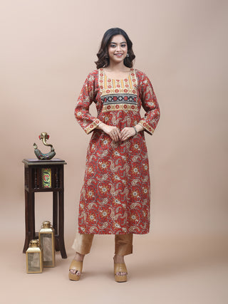 Rust Red Jaipur Cotton Kurti with Bagru Prints & Gujarati Embroidery