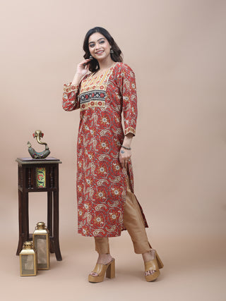 Rust Red Jaipur Cotton Kurti with Bagru Prints & Gujarati Embroidery