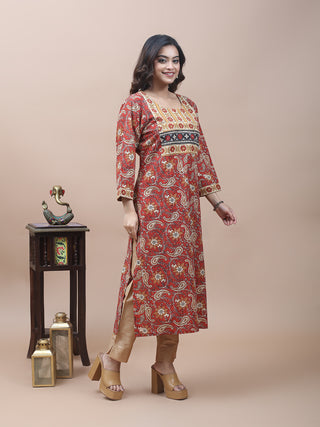 Rust Red Jaipur Cotton Kurti with Bagru Prints & Gujarati Embroidery