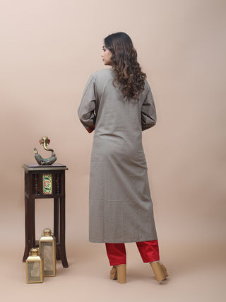 Grey Pure Cotton Kurti with Ajrakh Yoke & Gujarati Embroidery Borders