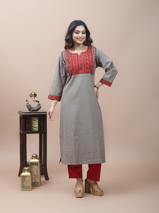 Grey Pure Cotton Kurti with Ajrakh Yoke & Gujarati Embroidery Borders