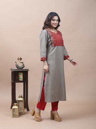 Grey Pure Cotton Kurti with Ajrakh Yoke & Gujarati Embroidery Borders