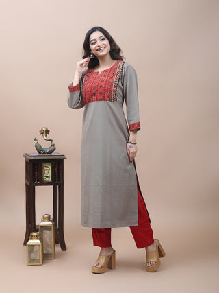 Grey Pure Cotton Kurti with Ajrakh Yoke & Gujarati Embroidery Borders