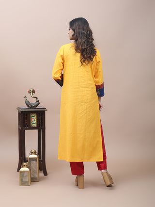 Golden Yellow Cotton Kurti with Printed & Embroidered Jacket Yoke
