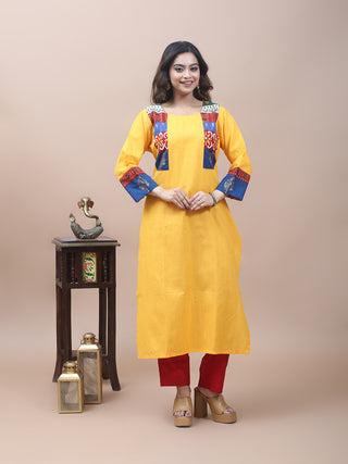 Golden Yellow Cotton Kurti with Printed & Embroidered Jacket Yoke