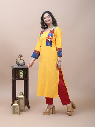 Golden Yellow Cotton Kurti with Printed & Embroidered Jacket Yoke