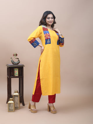 Golden Yellow Cotton Kurti with Printed & Embroidered Jacket Yoke