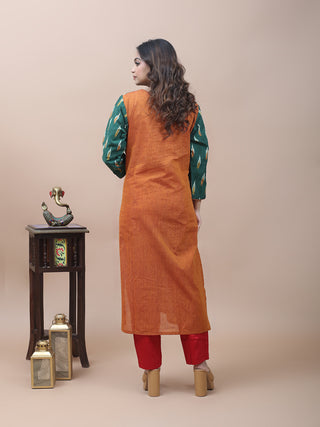 Rust Mangalgiri Cotton Kurti with Green Ikkat Yoke & Gujarati Embroidery Accents