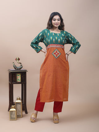 Rust Mangalgiri Cotton Kurti with Green Ikkat Yoke & Gujarati Embroidery Accents