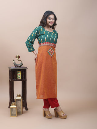 Rust Mangalgiri Cotton Kurti with Green Ikkat Yoke & Gujarati Embroidery Accents