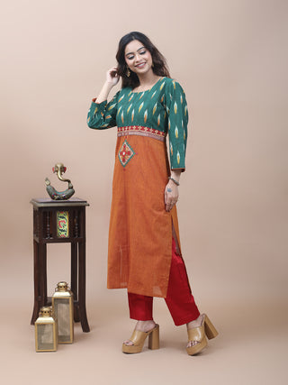 Rust Mangalgiri Cotton Kurti with Green Ikkat Yoke & Gujarati Embroidery Accents