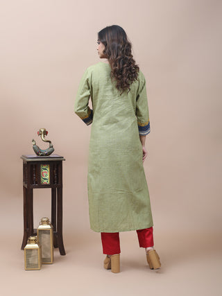 Sage Green Khadi Cotton Kurti with Ajrakh Yoke & Gujarati Embroidery
