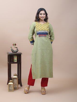 Sage Green Khadi Cotton Kurti with Ajrakh Yoke & Gujarati Embroidery