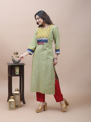 Sage Green Khadi Cotton Kurti with Ajrakh Yoke & Gujarati Embroidery