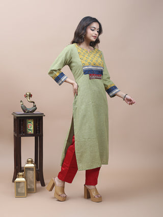 Sage Green Khadi Cotton Kurti with Ajrakh Yoke & Gujarati Embroidery