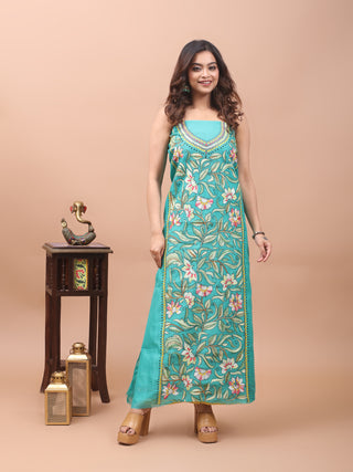 Aqua Blue Chanderi Silk Kurta Fabric with Hand Kantha Embroidery
