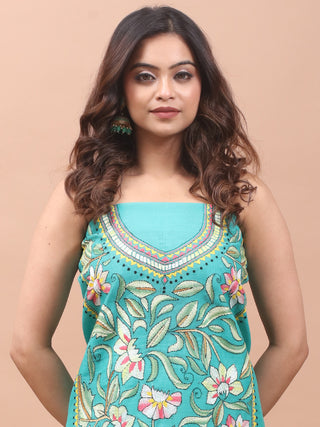 Aqua Blue Chanderi Silk Kurta Fabric with Hand Kantha Embroidery