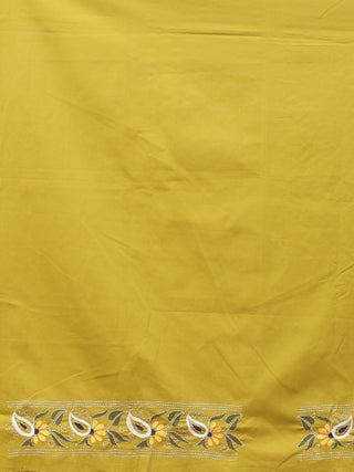 Olive Green Pure Cotton Kurta Fabric with Hand Kantha Embroidery