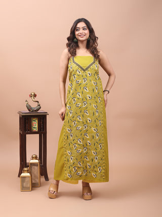 Olive Green Pure Cotton Kurta Fabric with Hand Kantha Embroidery